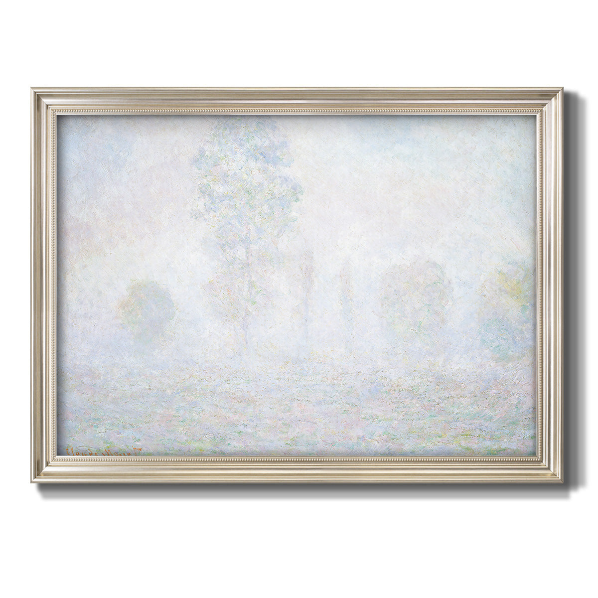 Impressionist atmospheric landscape in morning haze by Claude Monet printed on canvas in an ornate champagne frame.