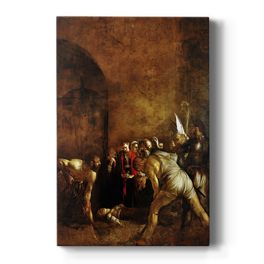 Canvas art print featuring a Baroque scene of figures preparing a burial in a dimly lit setting on a clean white background.