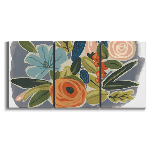 Three-panel canvas wall art featuring colorful botanical illustration on white background.