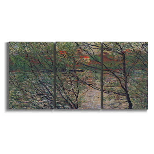 Three-panel canvas wall art featuring spring countryside with fresh foliage on white background.
