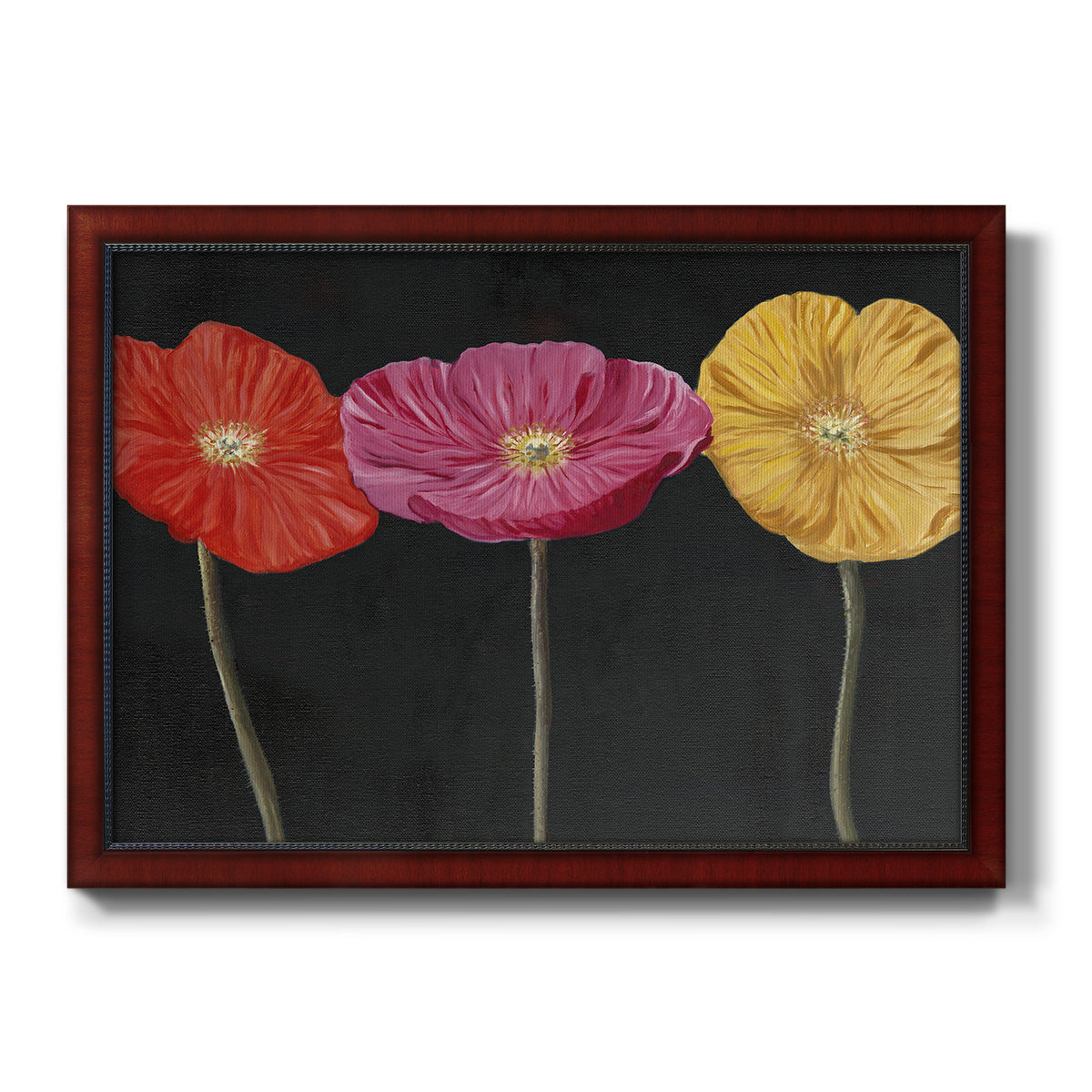 Contemporary poppy flower artwork printed on canvas in an ornate cherry burl wood frame.
