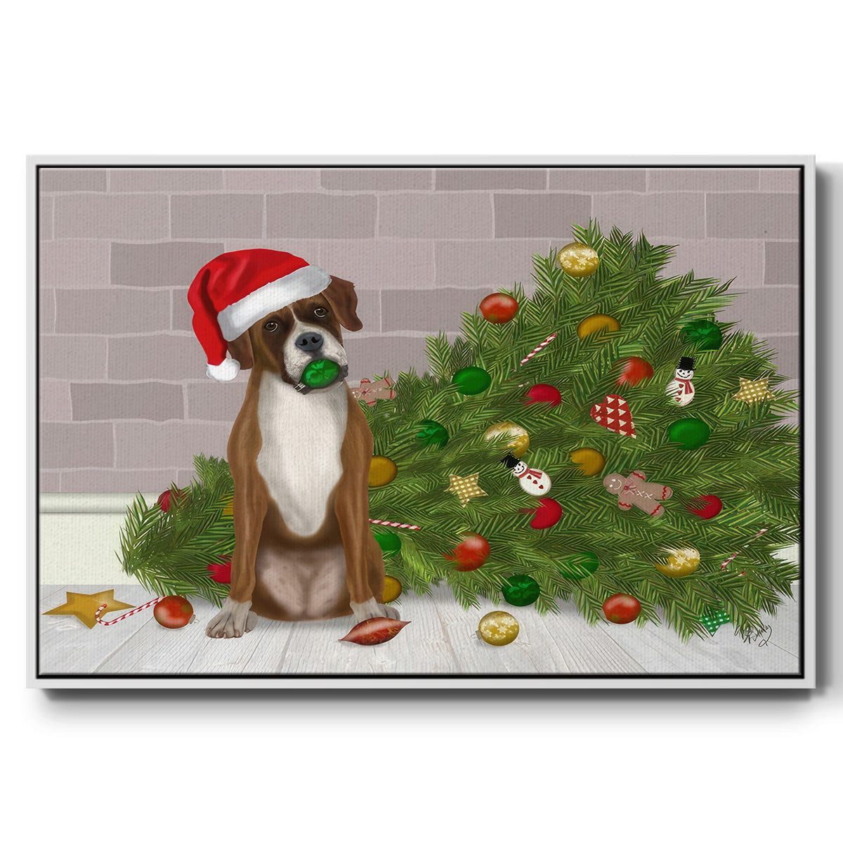 Christmas Boxer and Broken Christmas Tree - Framed Gallery Wrapped Canvas in Floating Frame