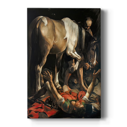 Canvas art print featuring a Baroque scene of Saint Paul fallen from a horse in dramatic light on a clean white background.