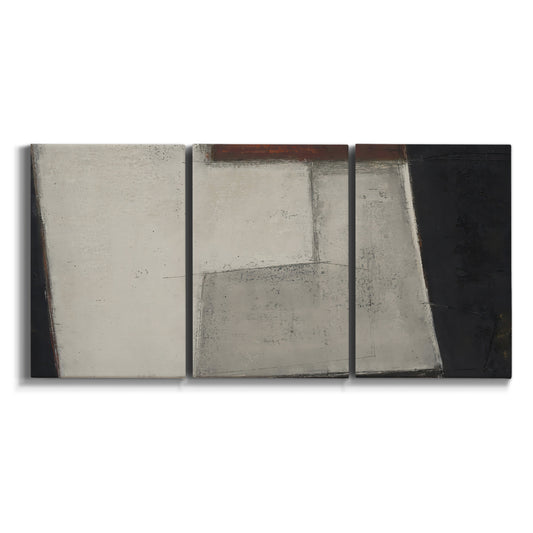 Three-panel canvas wall art featuring geometric abstract roadway motif on white background.