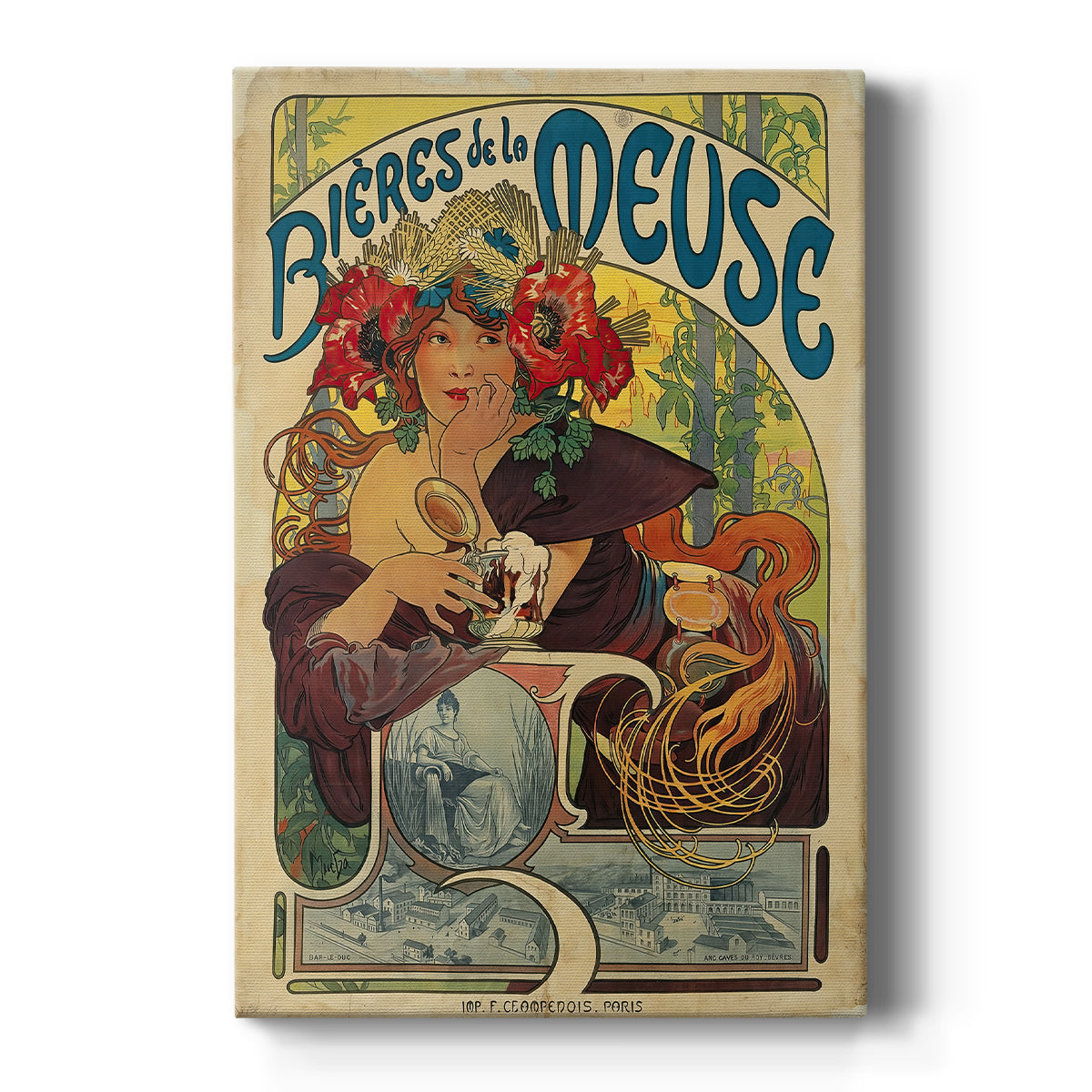 Canvas art print featuring an Art Nouveau poster of a woman with ornate details and beer advertisement text on a clean white background.