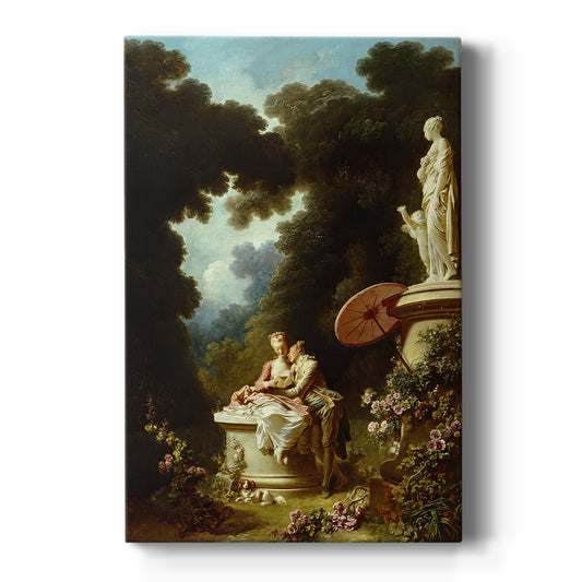 Canvas art print featuring a Rococo garden scene of a young couple reading a letter together on a clean white background.