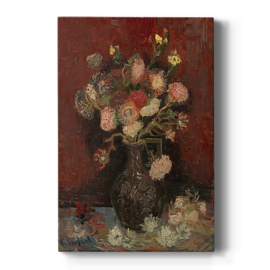 Canvas art print featuring an expressive still life of flowers in a vase with bold color and texture on a clean white background.