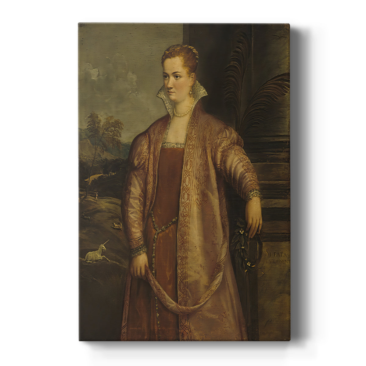 Canvas art print featuring a Renaissance portrait of a young woman with soft light and calm expression on a clean white background.