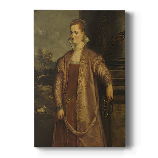 Canvas art print featuring a Renaissance portrait of a young woman with soft light and calm expression on a clean white background.