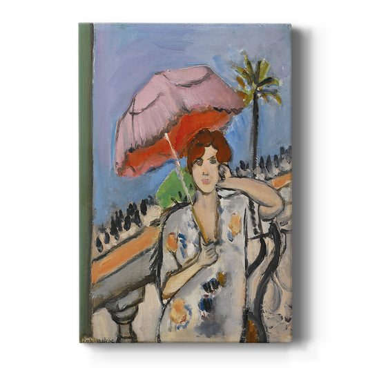 Canvas art print featuring a fauvist scene of a woman holding an umbrella in a bright outdoor setting on a clean white background.