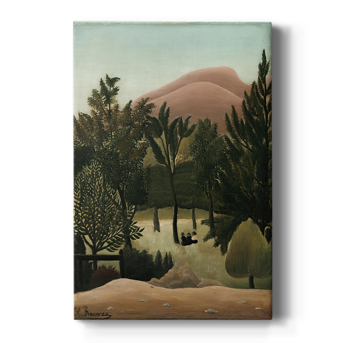 Canvas art print featuring a naïve-style landscape with trees, buildings, and soft sky tones on a clean white background.