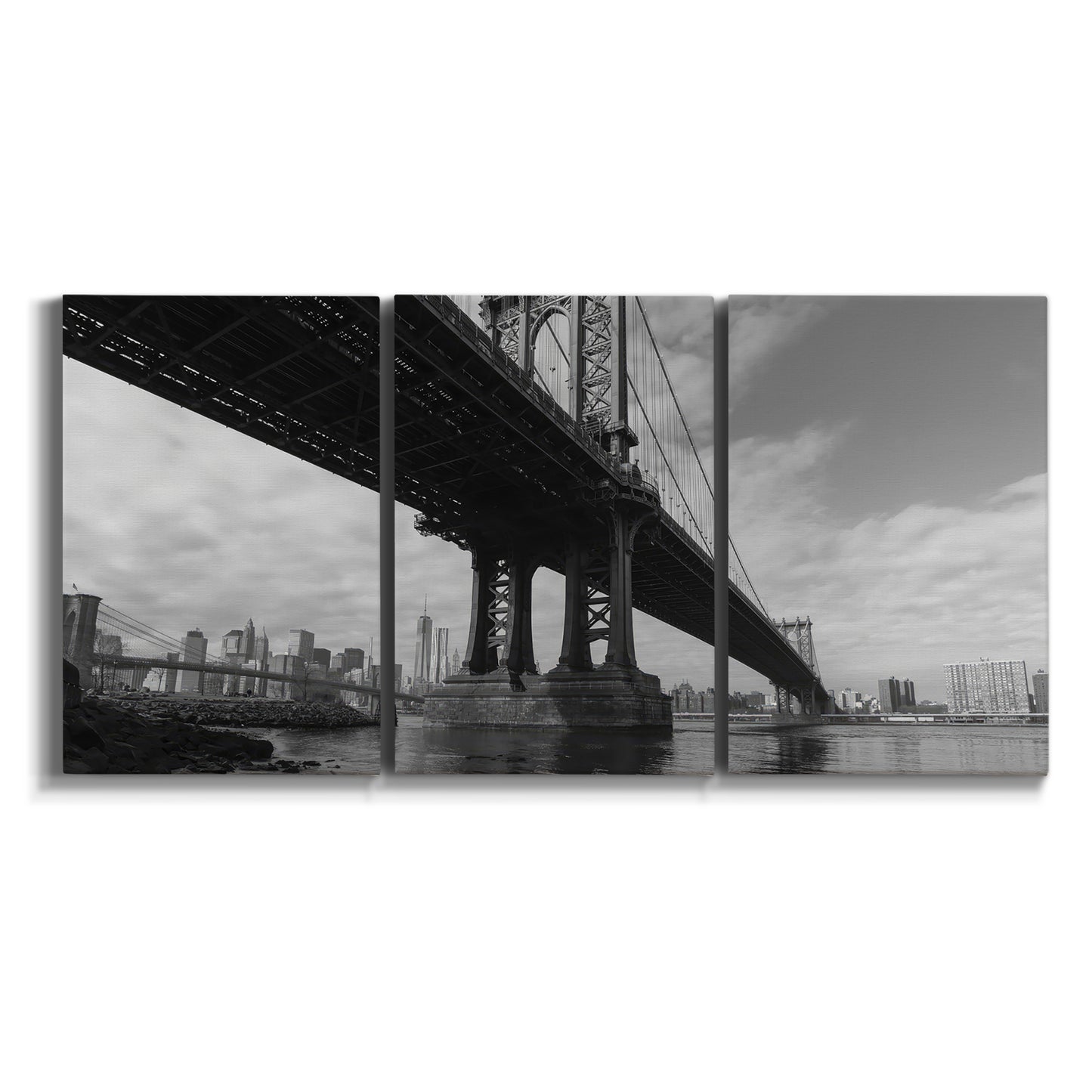 Three-panel canvas wall art featuring manhattan bridge industrial cityscape on white background.