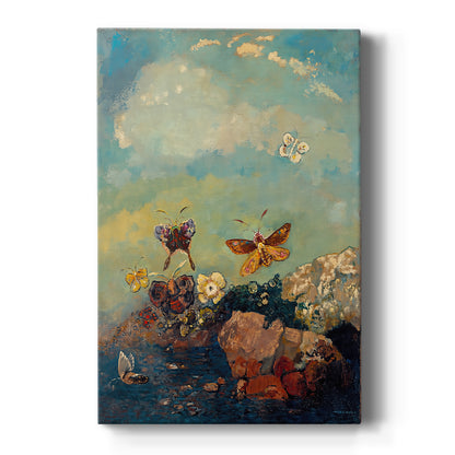 Canvas art print featuring a symbolic scene of butterflies drifting in a soft, atmospheric background on a clean white background.