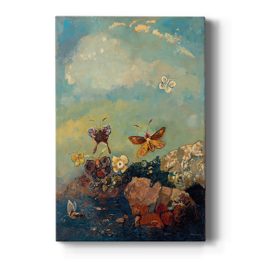 Canvas art print featuring a symbolic scene of butterflies drifting in a soft, atmospheric background on a clean white background.