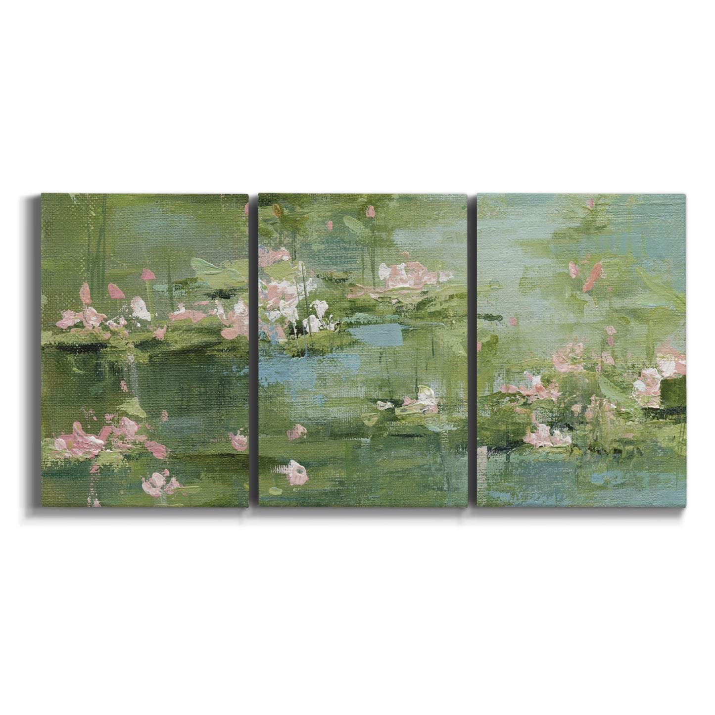 Three-panel canvas wall art featuring soft green water lilies on white background.