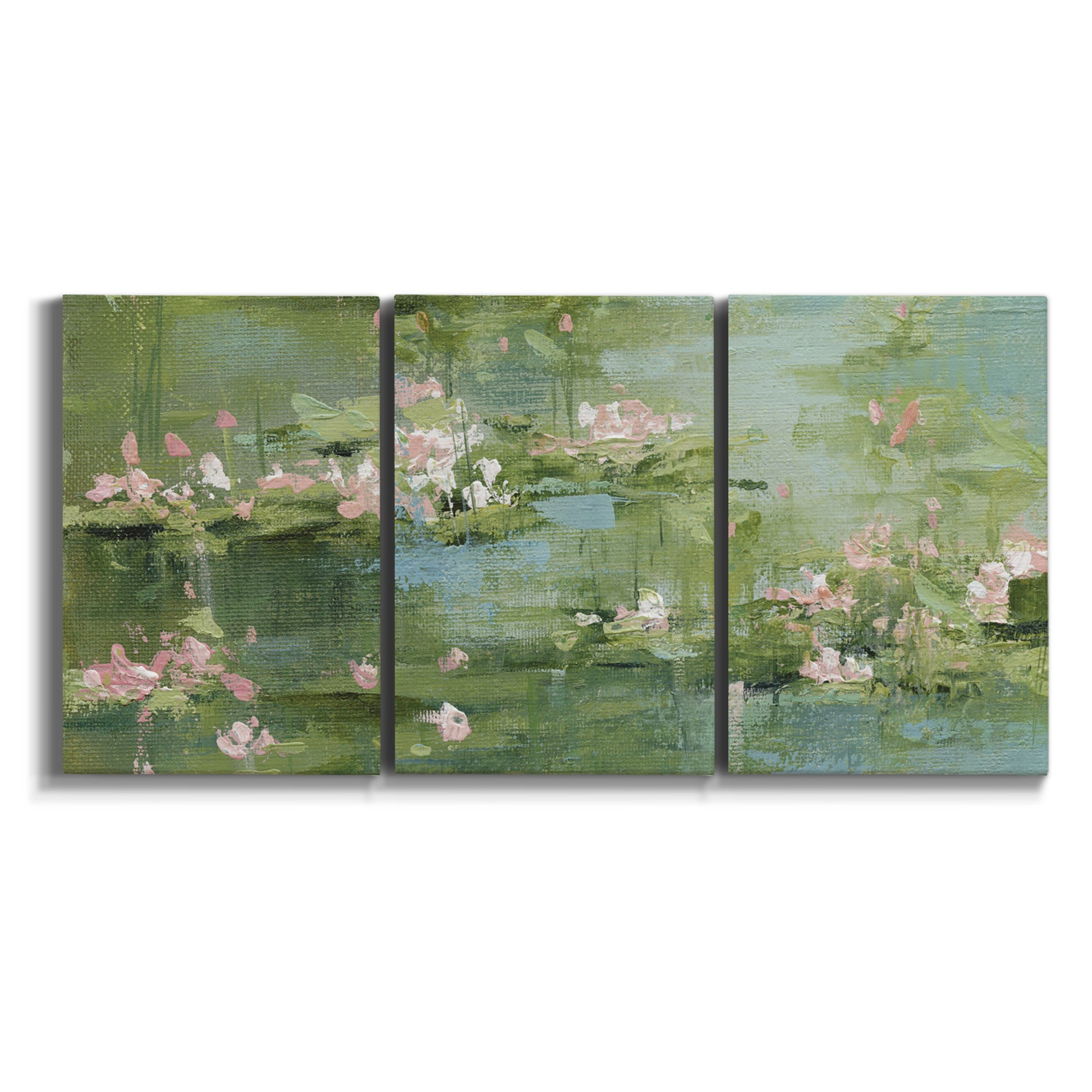 Three-panel canvas wall art featuring soft green water lilies on white background.