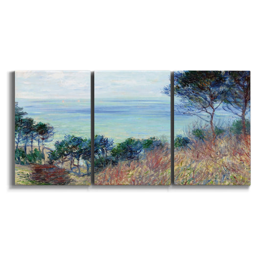 Three-panel canvas wall art featuring coastal cliffs along shoreline on white background.