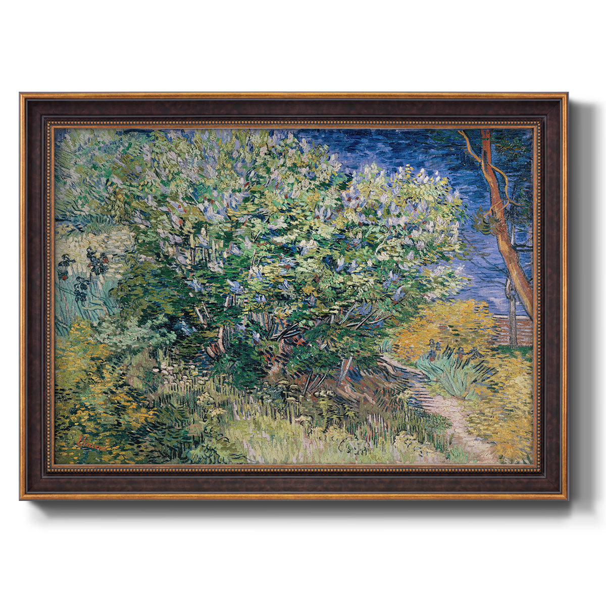 Impressionist lilac flower painting by Vincent van Gogh printed on canvas in an ornate bronzed mahogany wood frame.