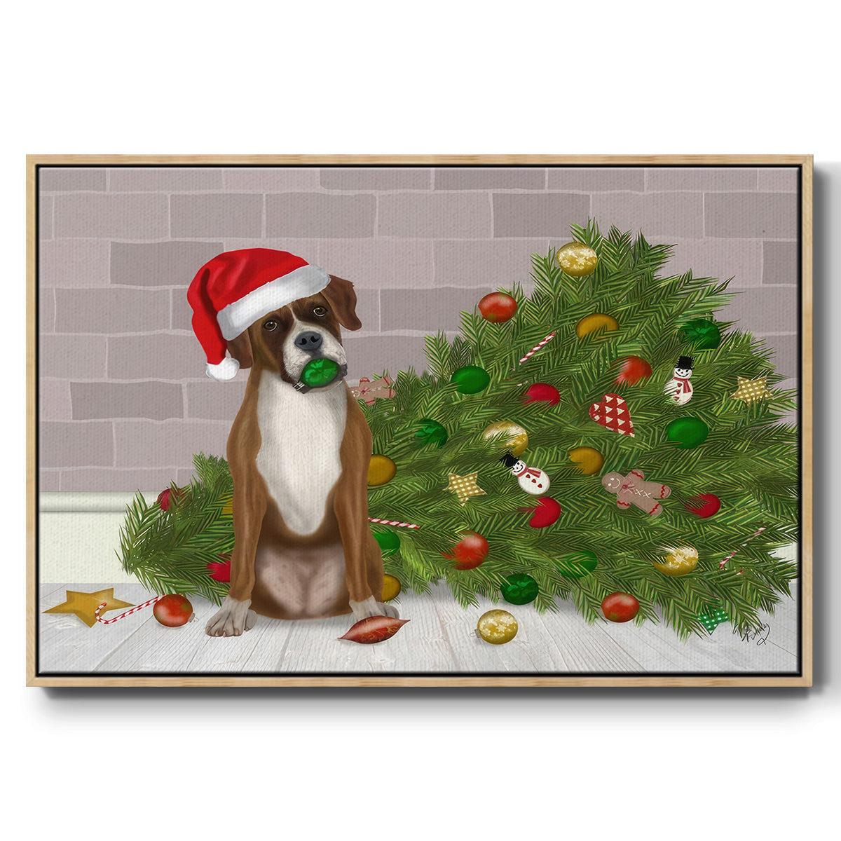 Christmas Boxer and Broken Christmas Tree - Framed Gallery Wrapped Canvas in Floating Frame