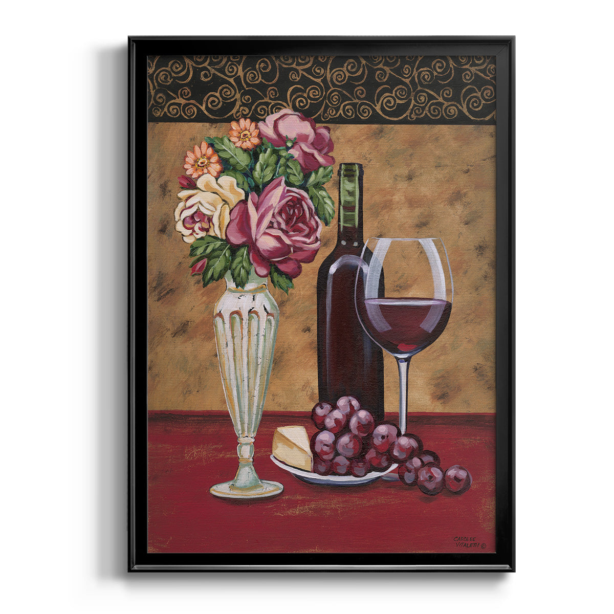 Vintage Flowers and Wine I - Modern Framed Canvas Print