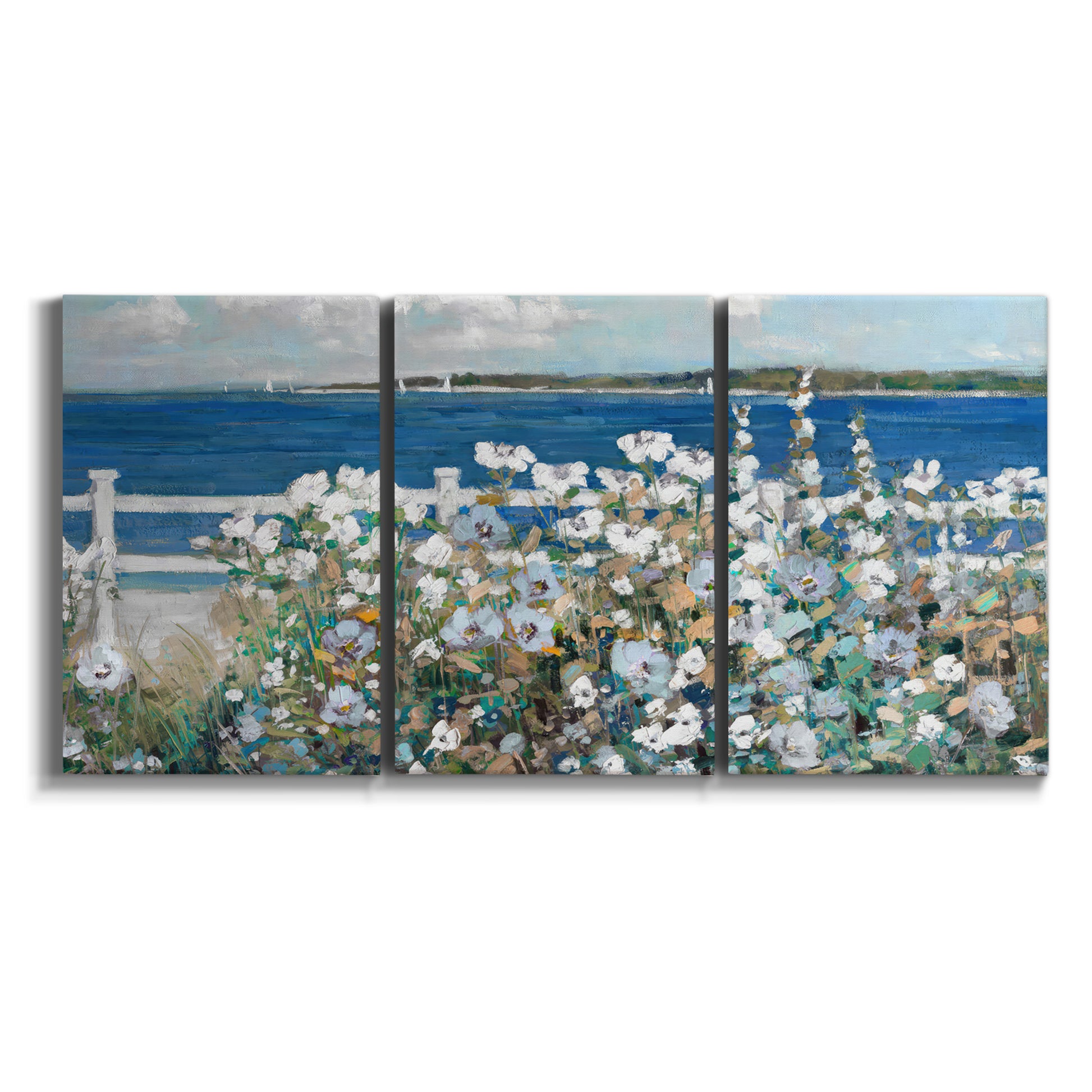 Three-panel canvas wall art featuring coastal garden overlooking bay on white background.