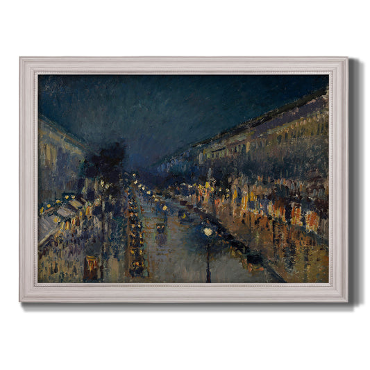 Impressionist nighttime Paris street scene by Camille Pissarro printed on canvas in an ornate weathered white frame.
