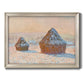 Impressionist winter haystack scene by Claude Monet printed on canvas in an ornate champagne frame.