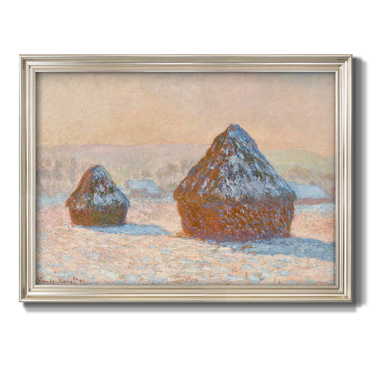 Impressionist winter haystack scene by Claude Monet printed on canvas in an ornate champagne frame.