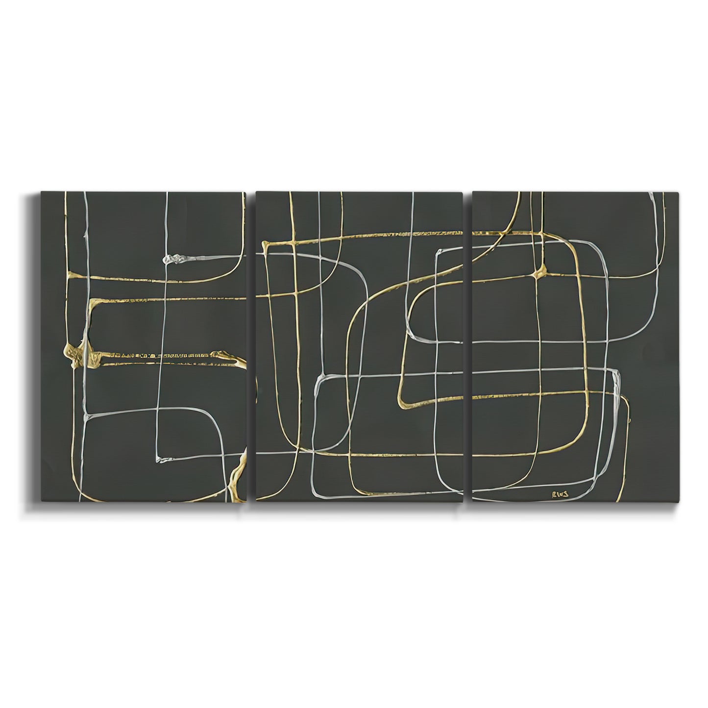 Three-panel canvas wall art featuring linear abstract conduit pattern on white background.