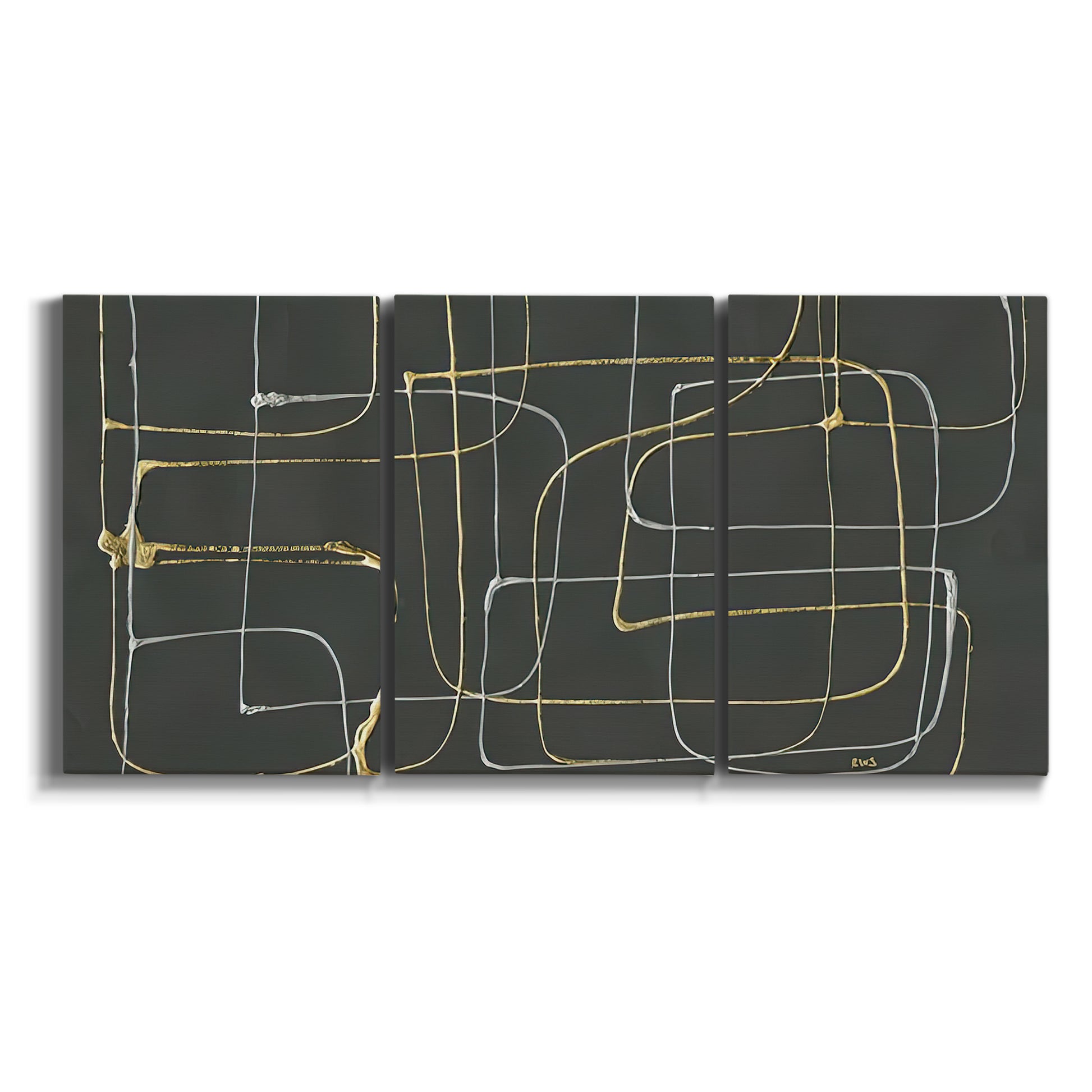 Three-panel canvas wall art featuring linear abstract conduit pattern on white background.