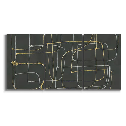 Three-panel canvas wall art featuring linear abstract conduit pattern on white background.