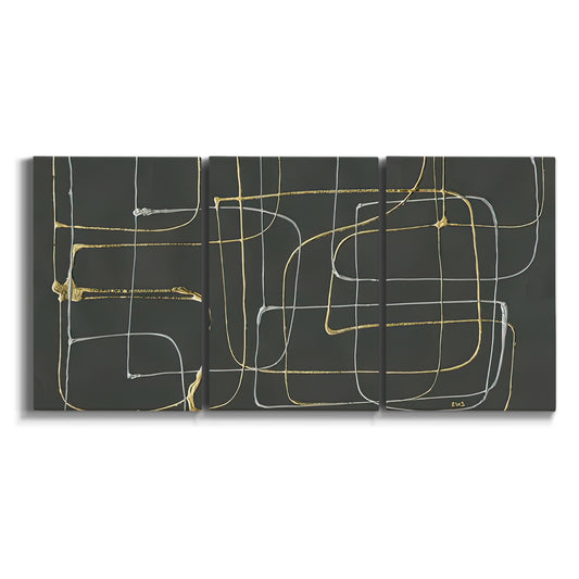 Three-panel canvas wall art featuring linear abstract conduit pattern on white background.