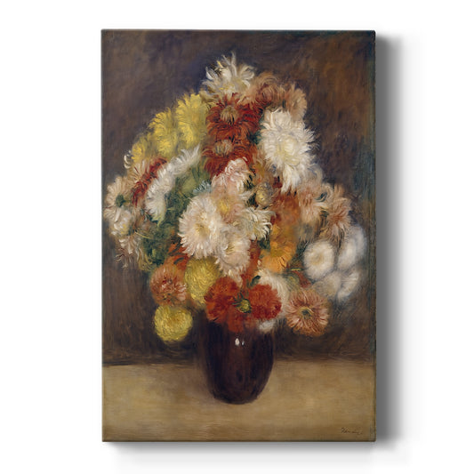 Canvas art print featuring an impressionist still life of chrysanthemums with vibrant layered colors on a clean white background.
