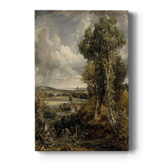Canvas art print featuring a wide landscape view of a valley with trees and distant horizon on a clean white background.