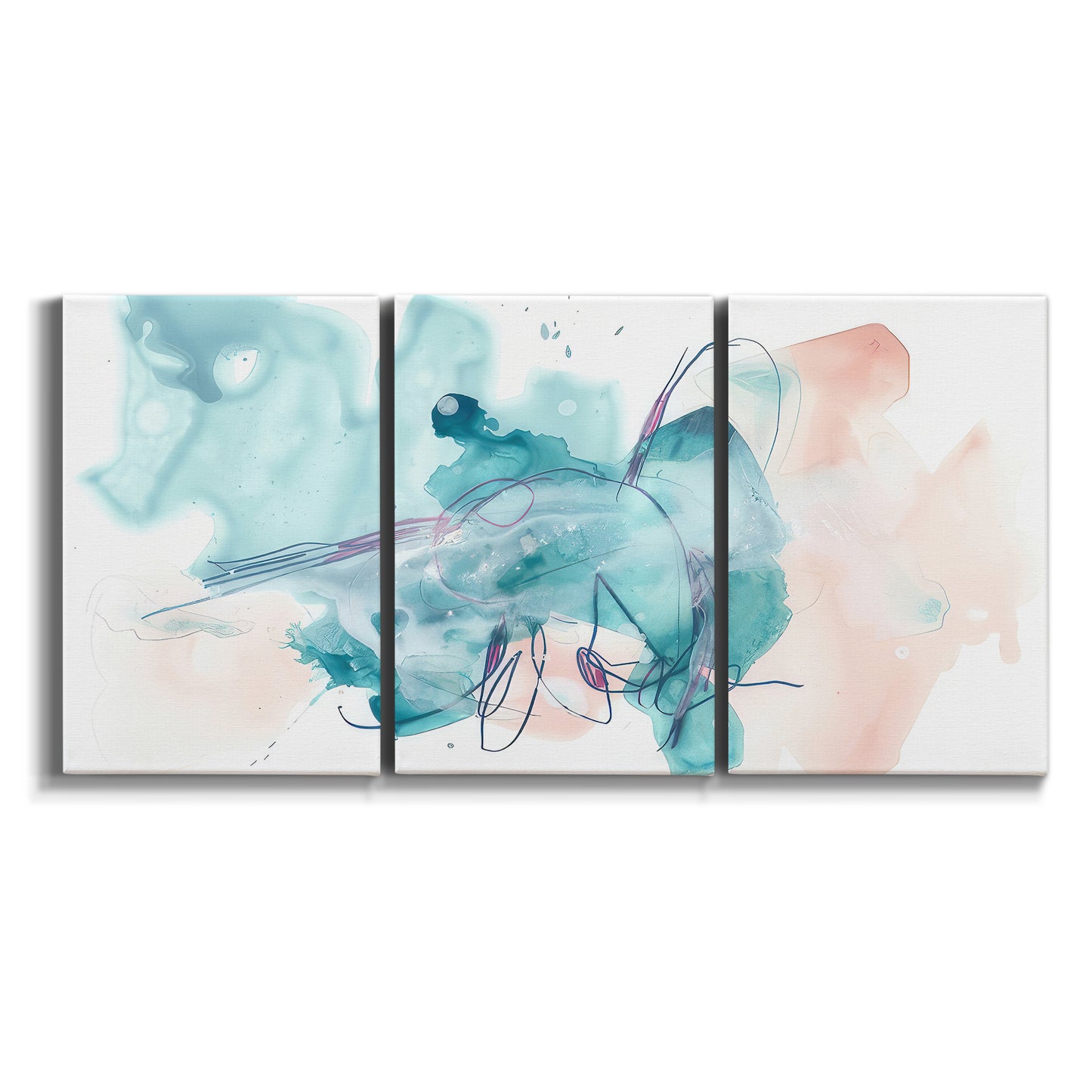 Three-panel canvas wall art featuring soft abstract watercolor forms on white background.