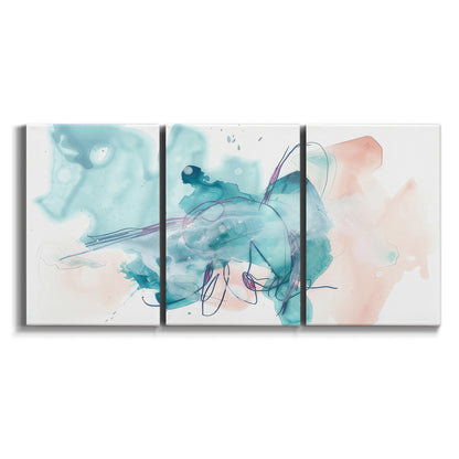 Three-panel canvas wall art featuring soft abstract watercolor forms on white background.