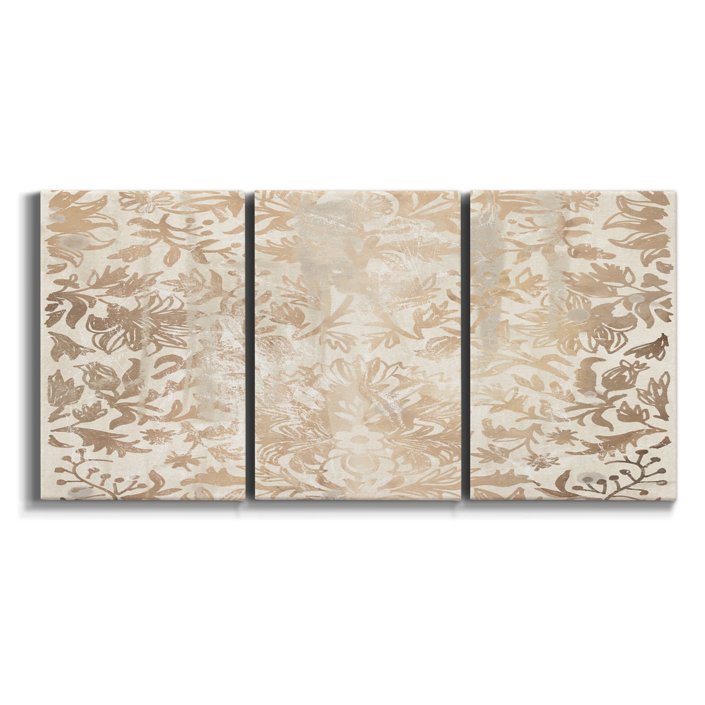 Three-panel canvas wall art featuring ornamental damask abstract pattern on white background.