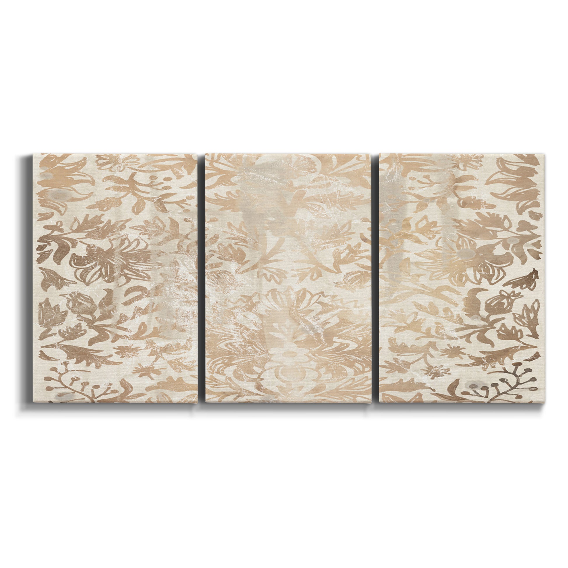 Three-panel canvas wall art featuring ornamental damask abstract pattern on white background.