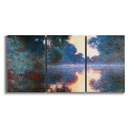 Three-panel canvas wall art featuring misty river surface at dawn on white background.