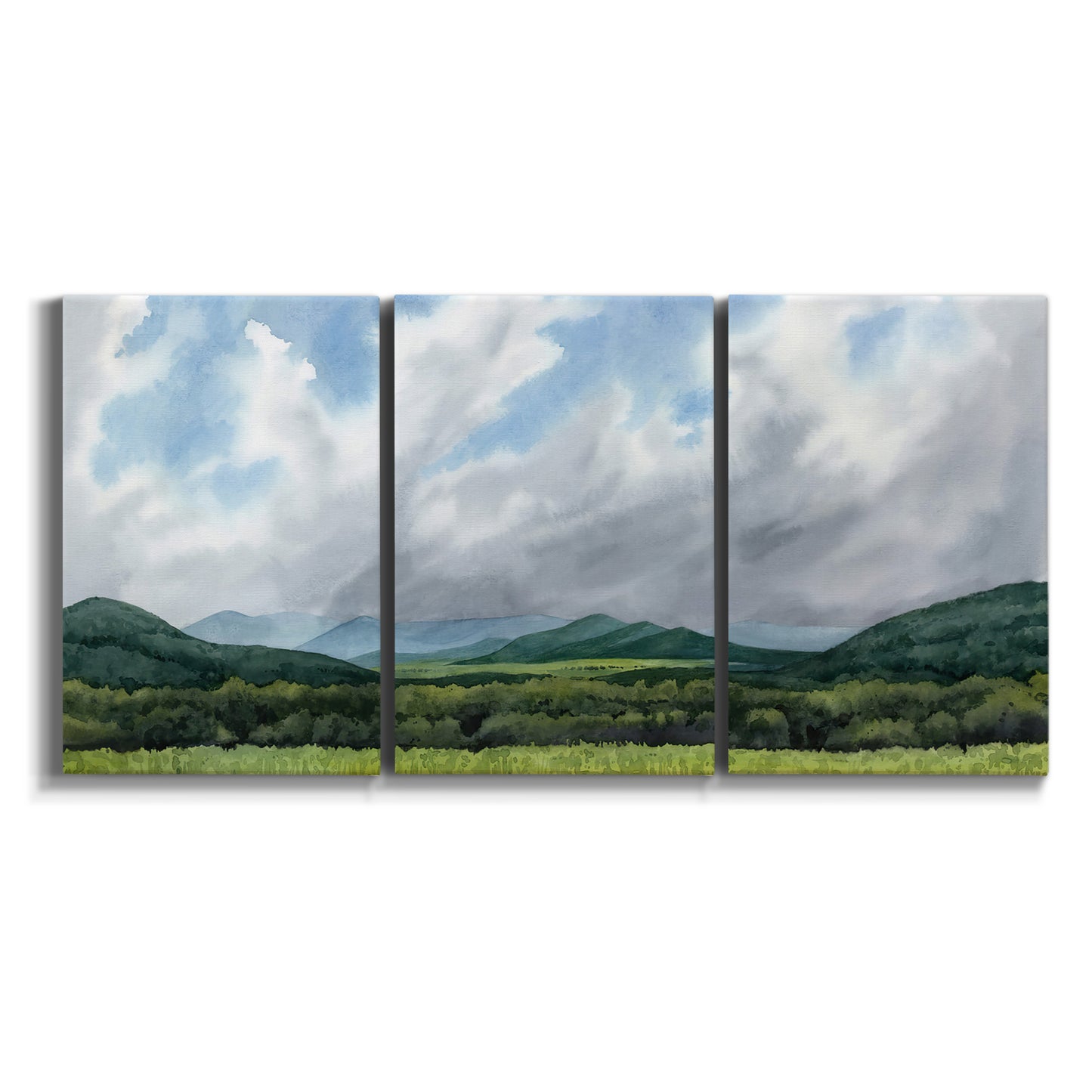 Three-panel canvas wall art featuring pastoral mountain landscape in blue on white background.