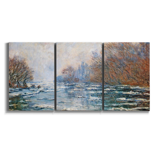 Three-panel canvas wall art featuring river ice breaking near riverbank on white background.