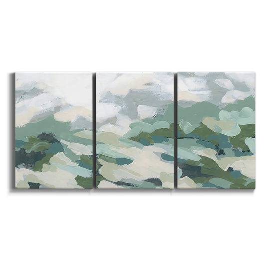 Three-panel canvas wall art featuring lush green hillside rolling landscape on white background.