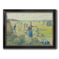 Impressionist rural hay harvest landscape by Camille Pissarro printed on canvas in an ornate black frame with gilded inner detail.