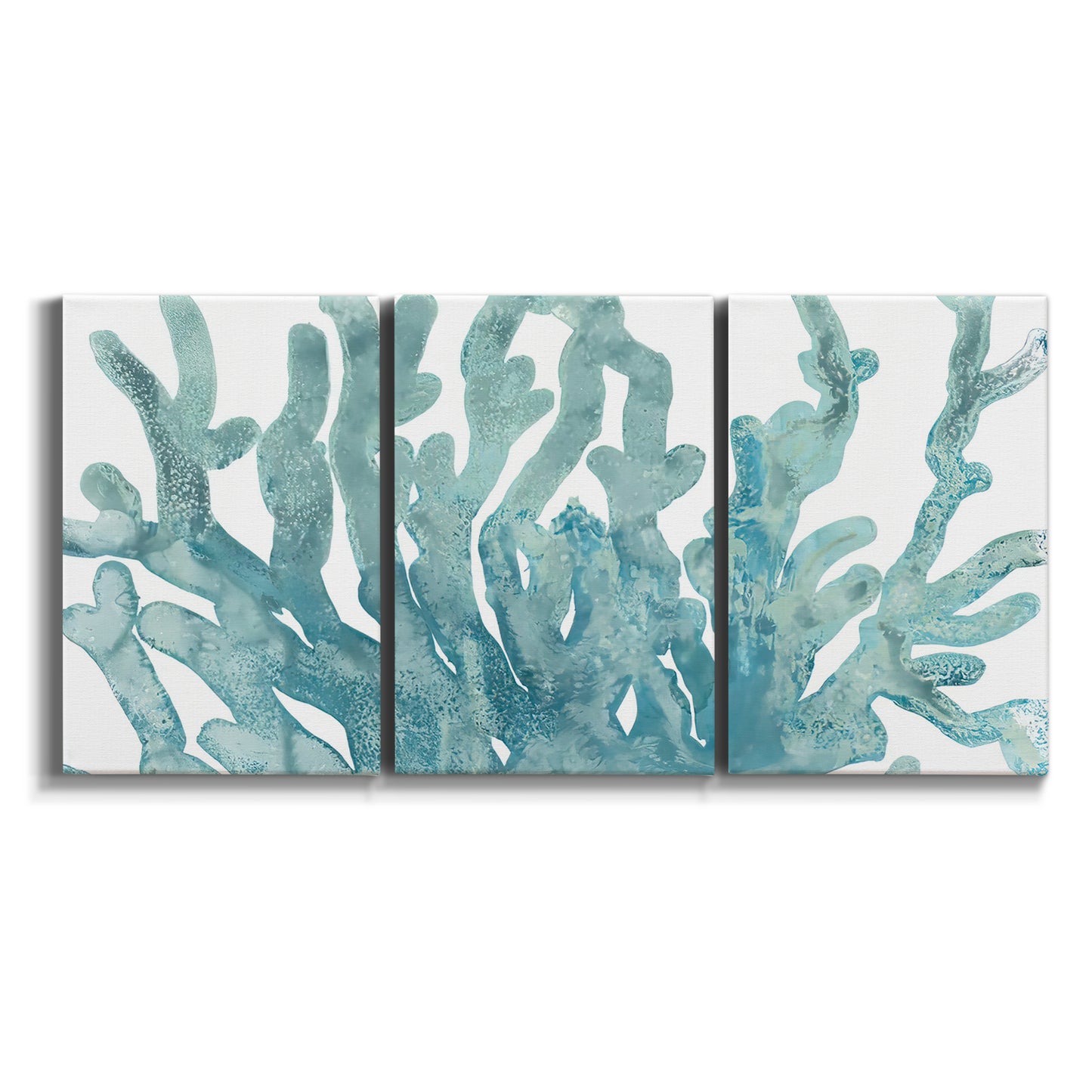Three-panel canvas wall art featuring blue coral inspired watercolor on white background.