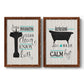 Set of two maple barnwood framed canvas prints featuring two graphic bathroom word art featuring playful bathtub silhouettes and bath-themed typography.