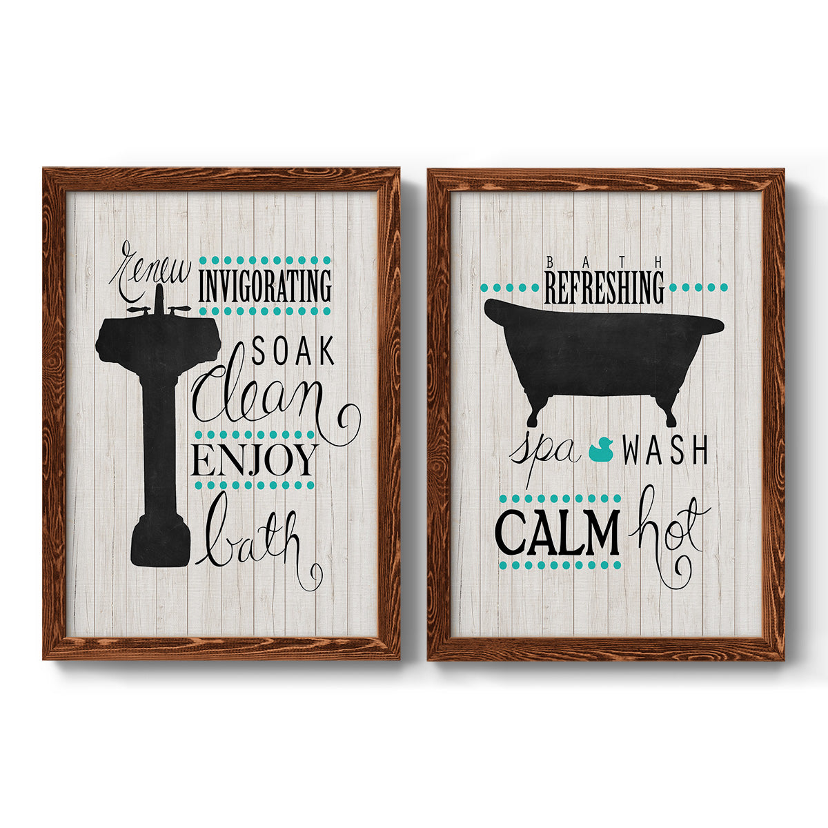 Set of two maple barnwood framed canvas prints featuring two graphic bathroom word art featuring playful bathtub silhouettes and bath-themed typography.