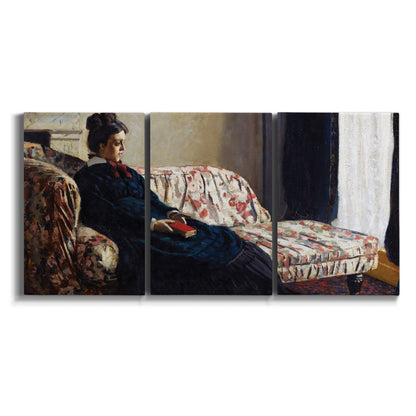 Three-panel canvas wall art featuring woman resting on sofa indoors on white background.