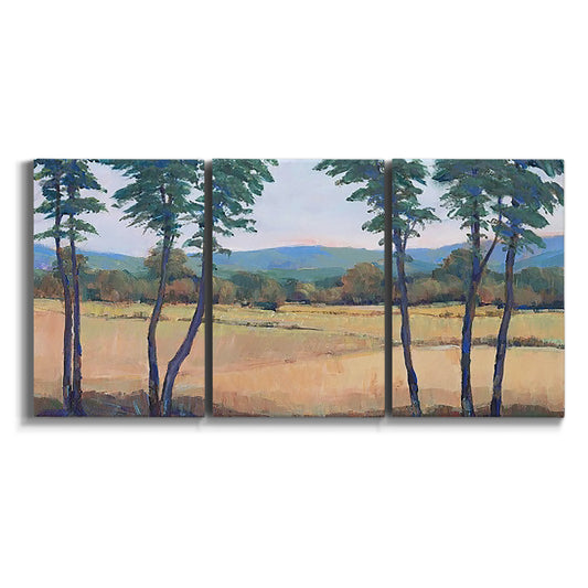 Three-panel canvas wall art featuring quiet morning landscape with trees on white background.