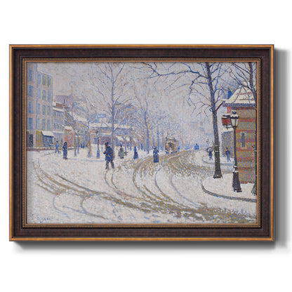 Impressionist winter street scene by Paul Signac printed on canvas in an ornate bronzed mahogany wood frame.
