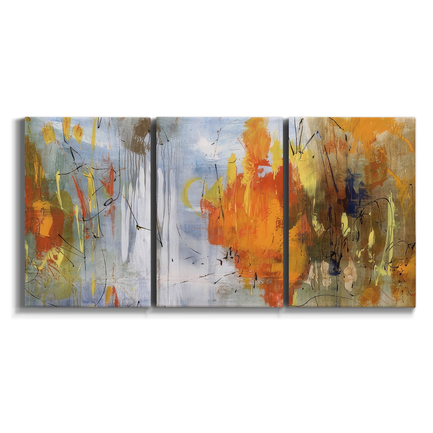 Three-panel canvas wall art featuring abstract warm sunset tones on white background.
